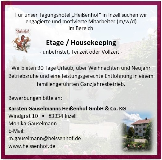 Stellenanzeige für Etage/Housekeeping